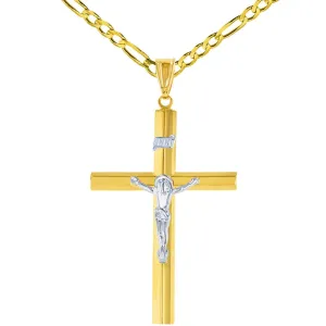 14K Gold Large Tube Crucifix Six Sided Cross Pendant Necklace - Yellow & White Gold