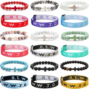 18Pcs WWJD Bracelets Cross Pendant Beads Stretch Bracelet for Women Men What Would Jesus Do Woven Bracelet W.W.J.D. Webbing Bracelets Religious Jewelry Gift