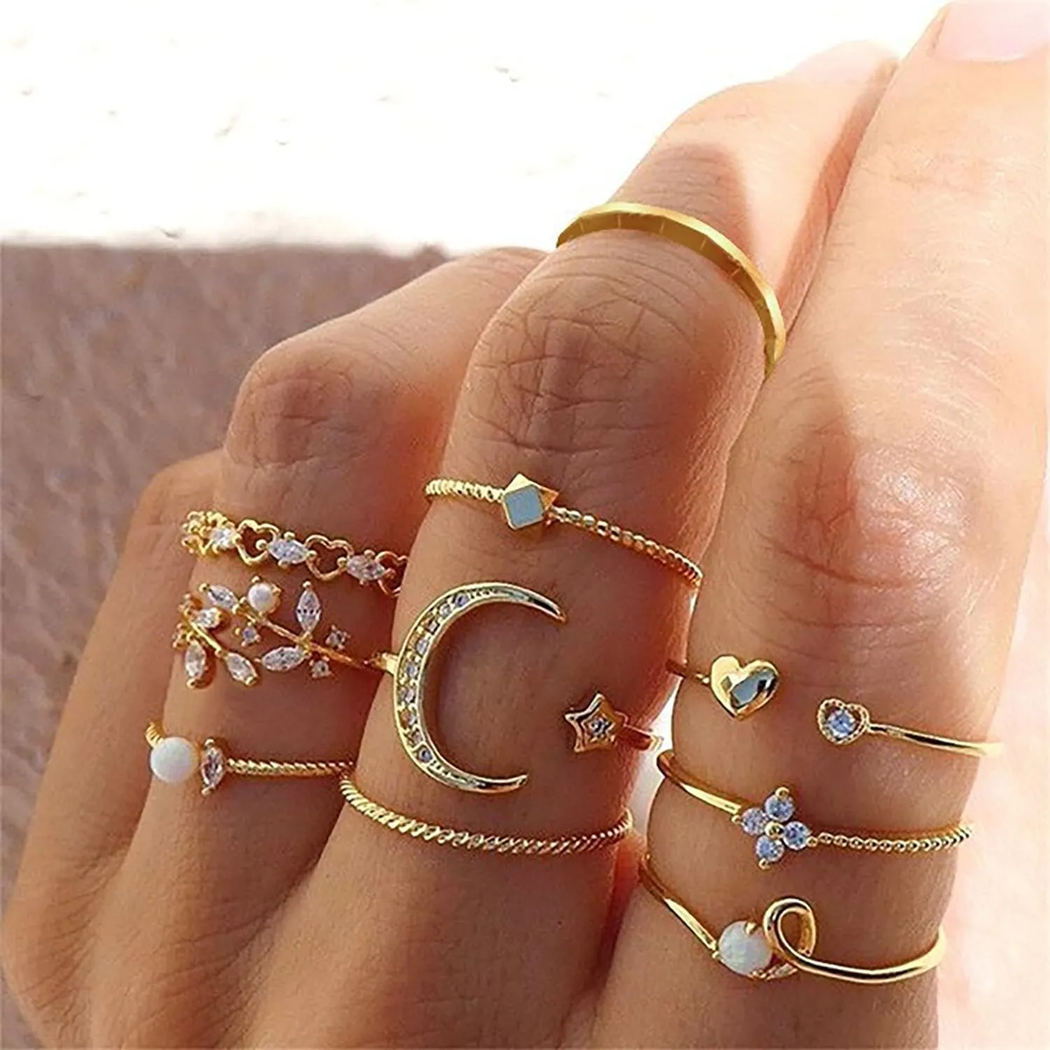 3-17 PCS Knuckle Stacking Rings for Women,Boho Vintage Finger Rings Stackable Gold Silver Moon Snake Set Multiple Rings Fashion Jewelry