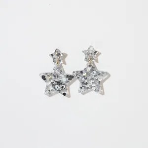 Double Star Dangle Earrings - Silver Glitter