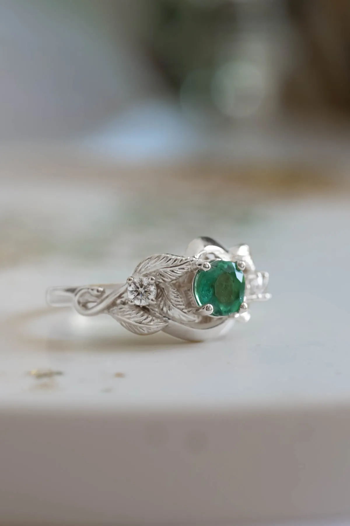 Emerald proposal ring, leaf twig ring with diamonds / Azalea