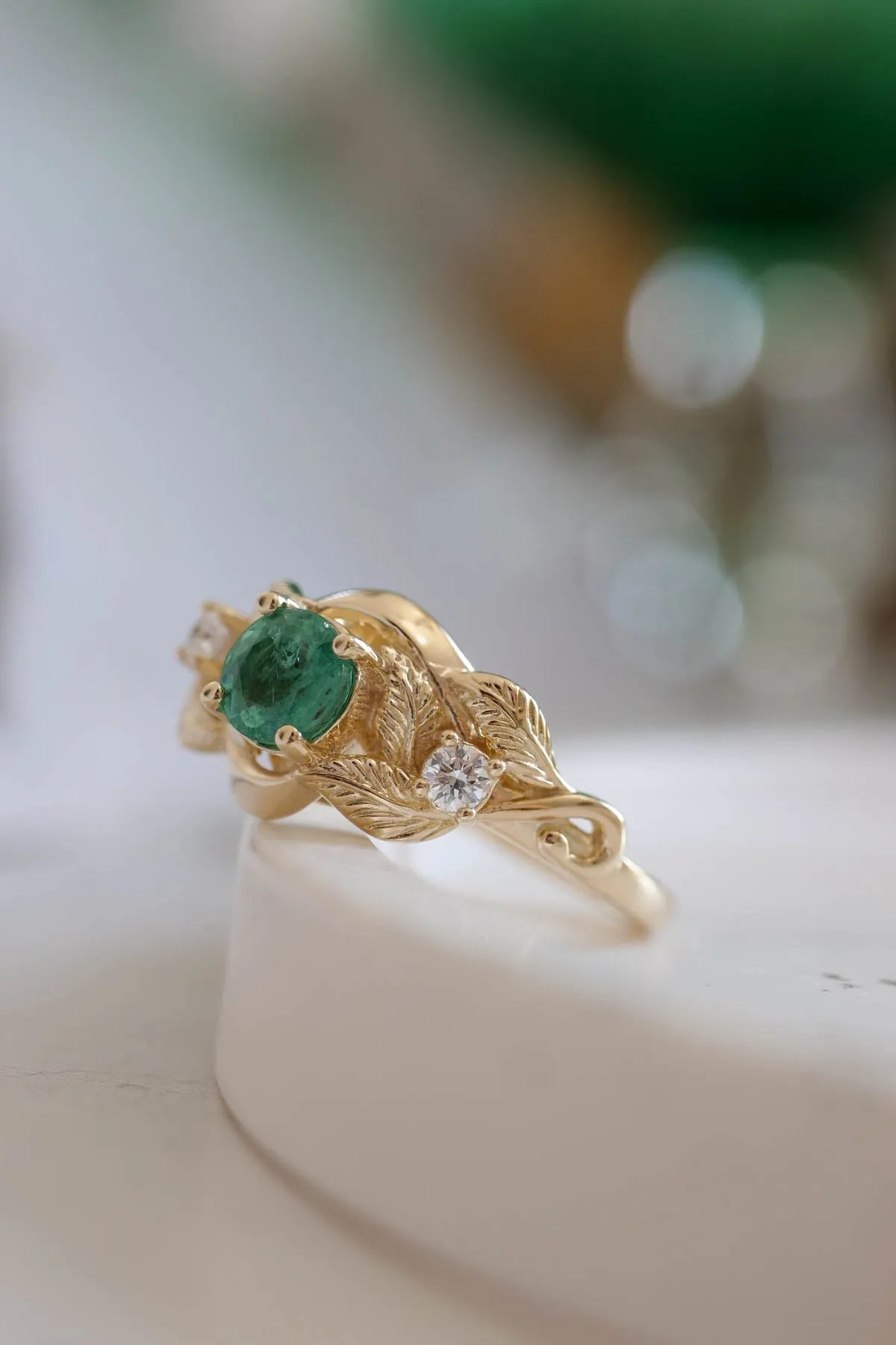 Emerald proposal ring, leaf twig ring with diamonds / Azalea