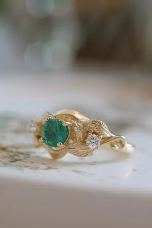Emerald proposal ring, leaf twig ring with diamonds / Azalea