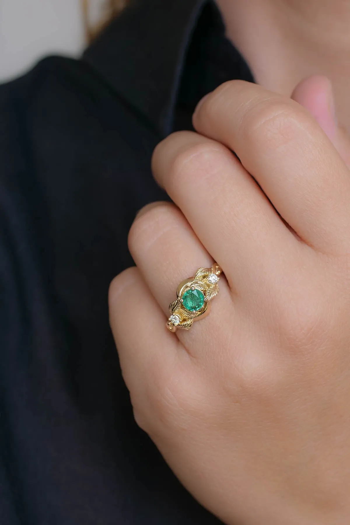 Emerald proposal ring, leaf twig ring with diamonds / Azalea