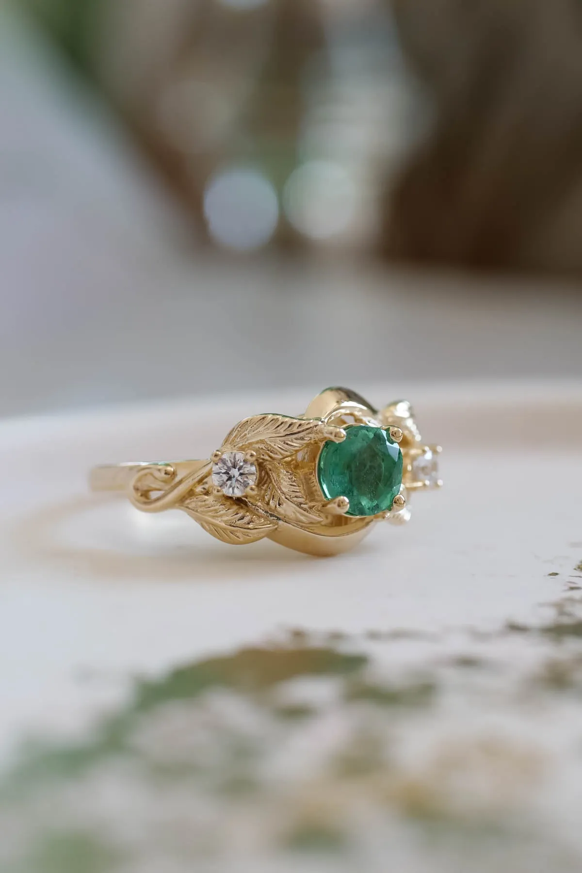 Emerald proposal ring, leaf twig ring with diamonds / Azalea