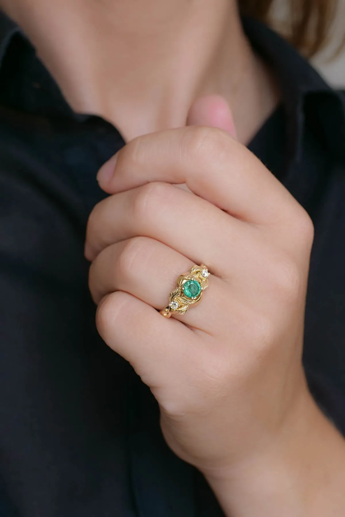 Emerald proposal ring, leaf twig ring with diamonds / Azalea