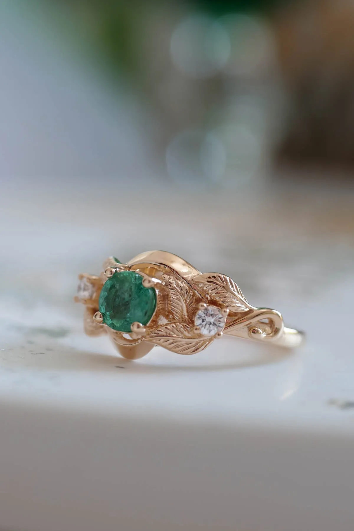 Emerald proposal ring, leaf twig ring with diamonds / Azalea