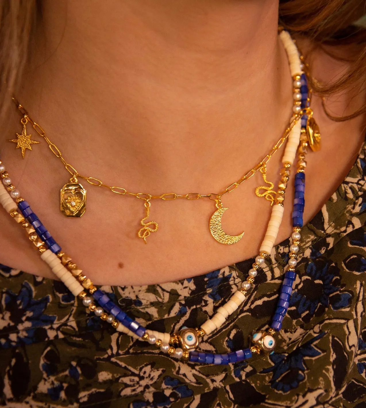 Gold crystal charm necklace