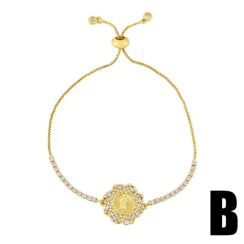 Gold Plated Round Cross Virgin Mary and Tree of Life Bracelet
