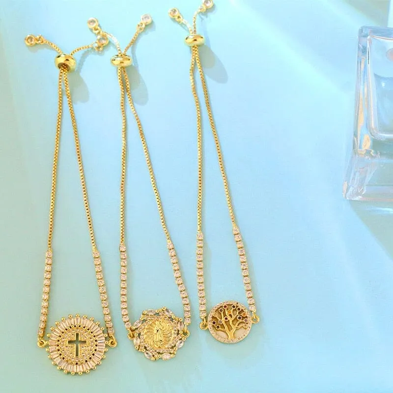 Gold Plated Round Cross Virgin Mary and Tree of Life Bracelet
