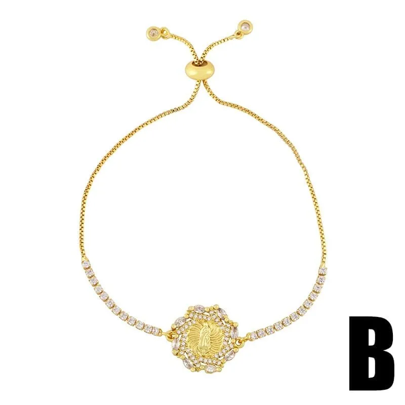Gold Plated Round Cross Virgin Mary and Tree of Life Bracelet