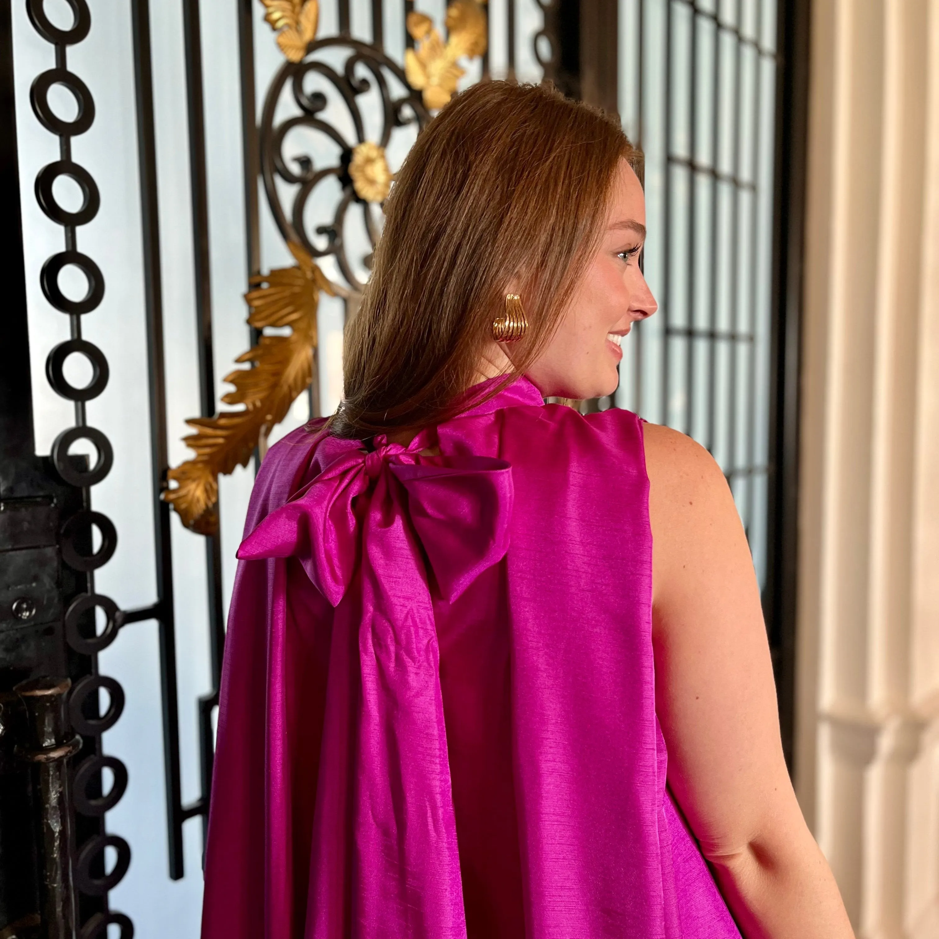 Magenta Tie Back Satin Dress