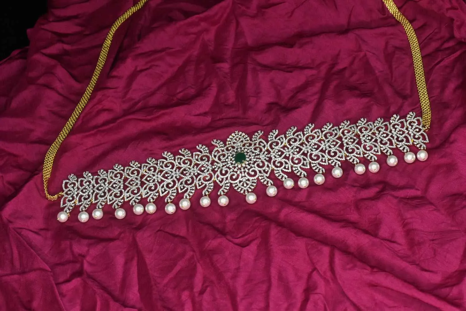 Exquisite One Gram Gold-Plated Vaddanam with Sparkling American Diamonds