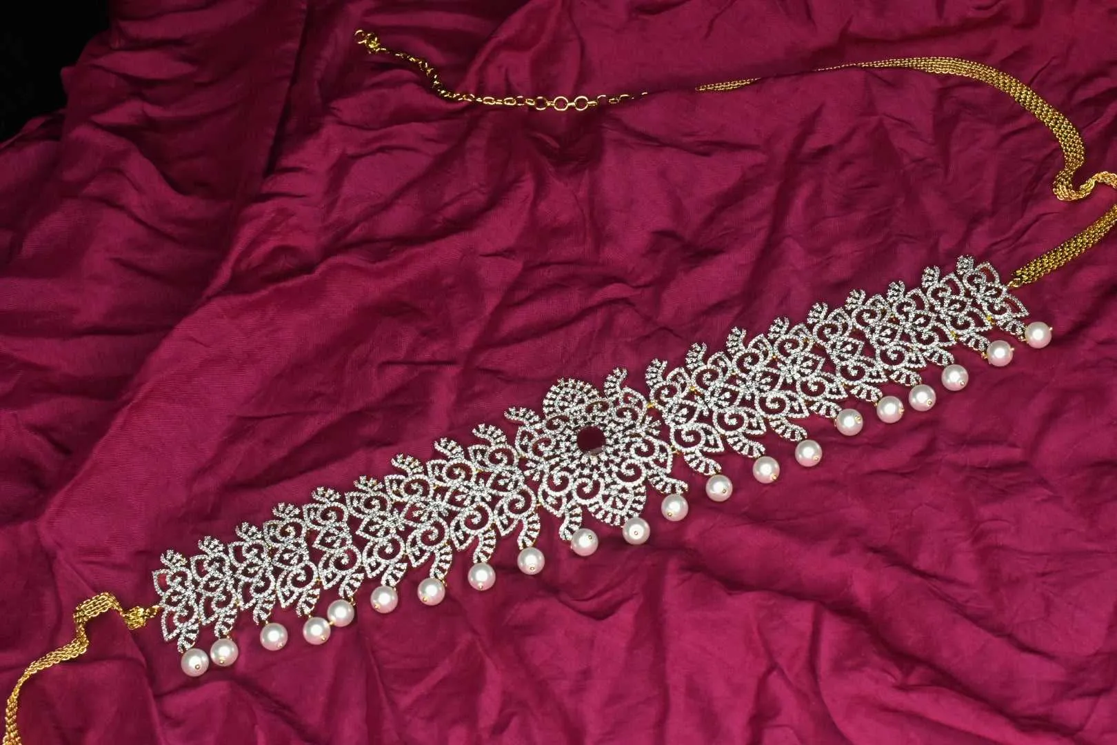 Exquisite One Gram Gold-Plated Vaddanam with Sparkling American Diamonds