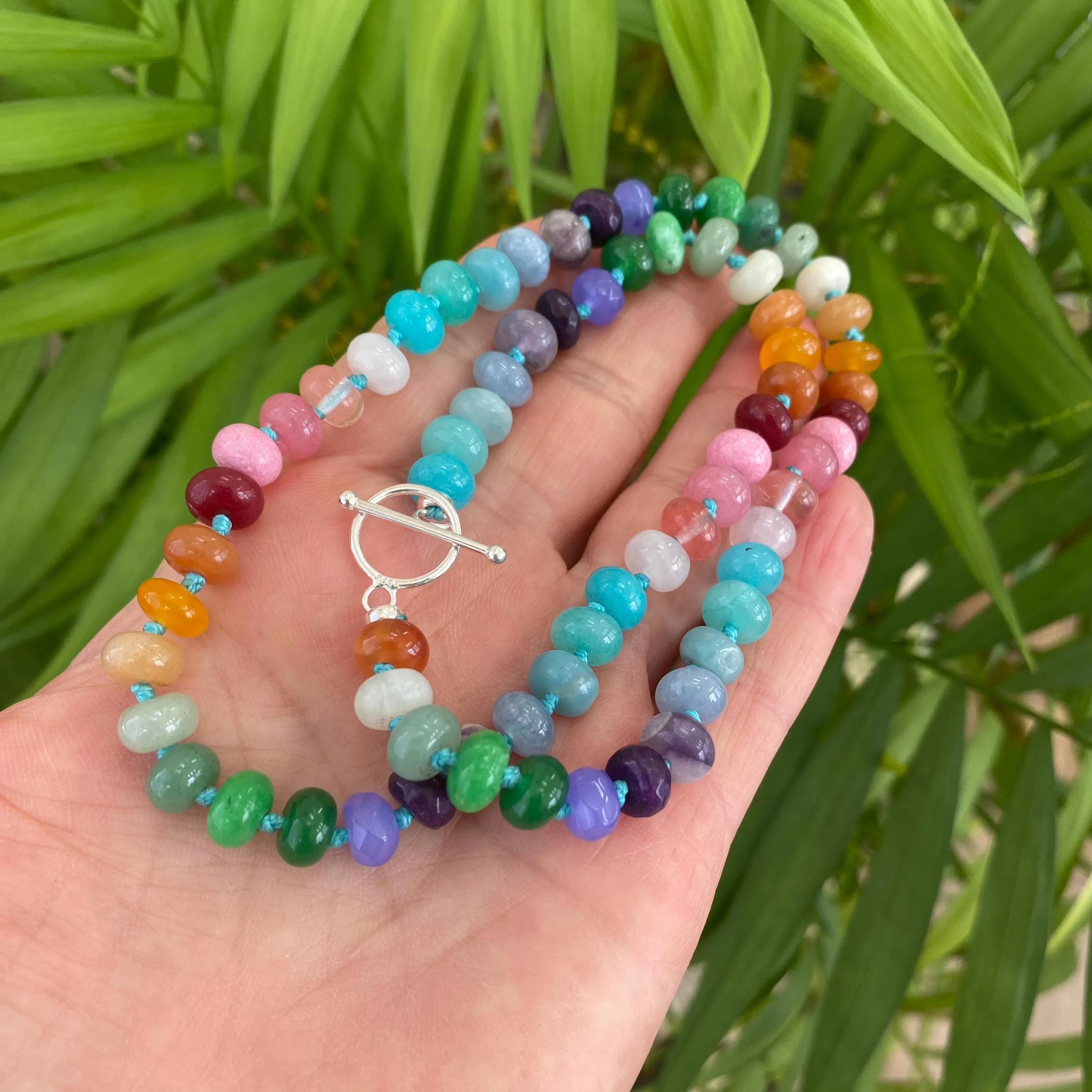 Rainbow Candy Necklace, Skittles Taste Multi Gemstones Necklace, Silver Toggle Clasp, 19-21.5inches,
