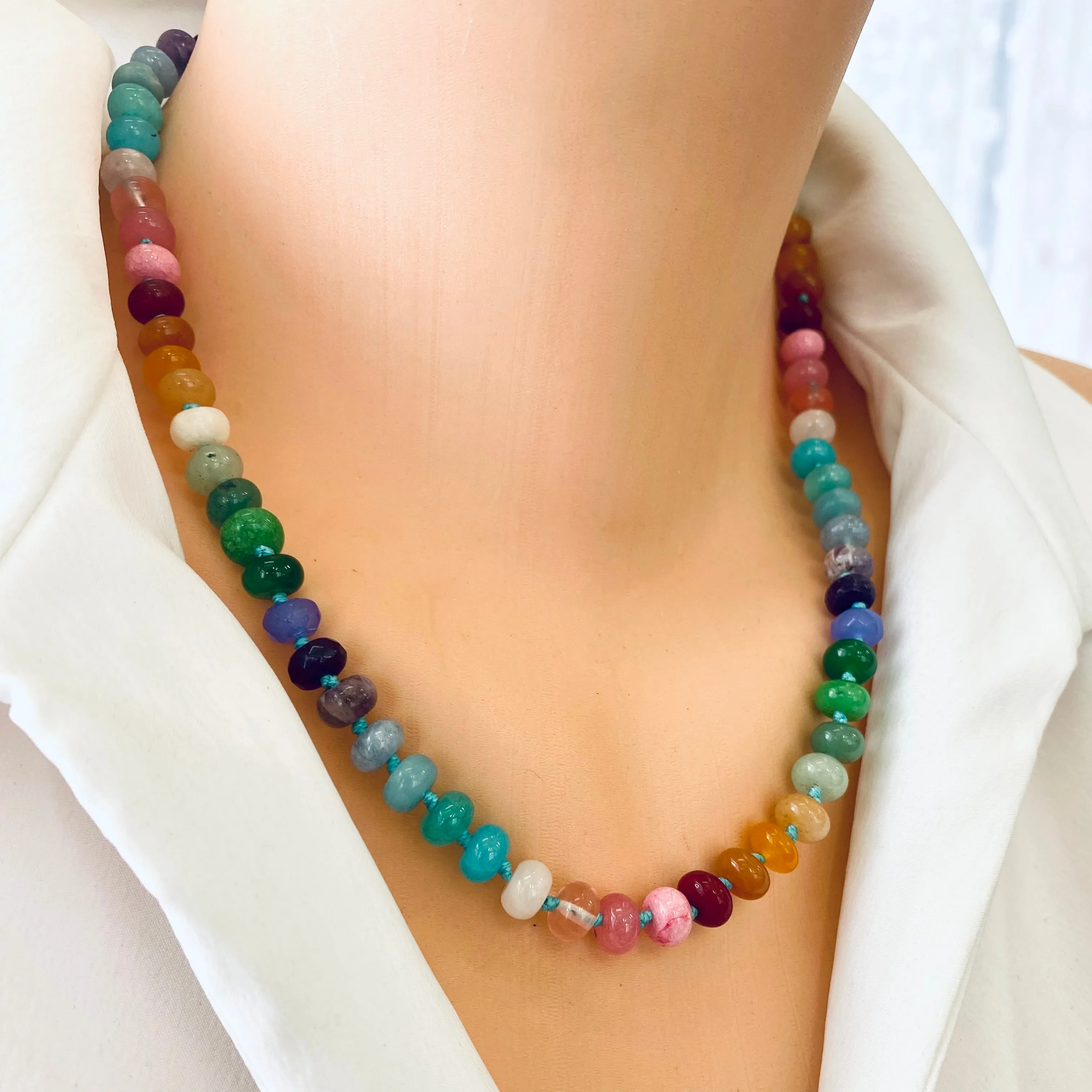 Rainbow Candy Necklace, Skittles Taste Multi Gemstones Necklace, Silver Toggle Clasp, 19-21.5inches,