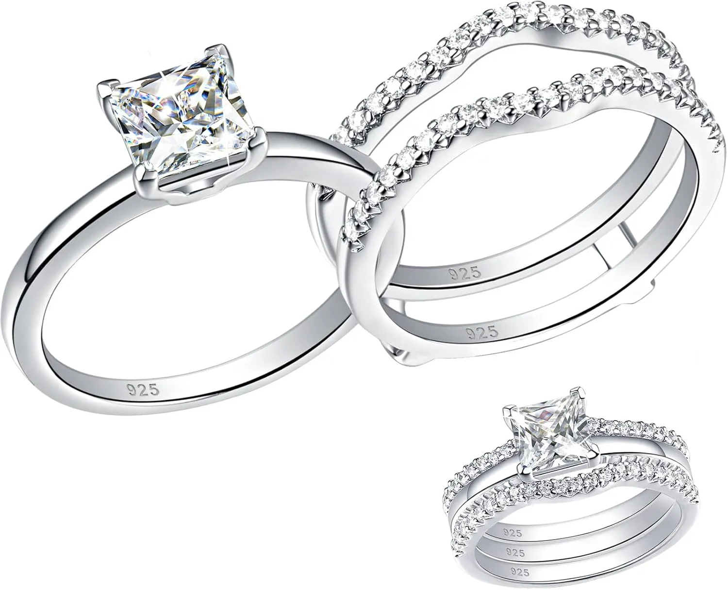SHELOVES Solitaire Princess CZ Engagement Rings Set Wedding Band Guard Ring Enhancers Sterling Silver 5-12