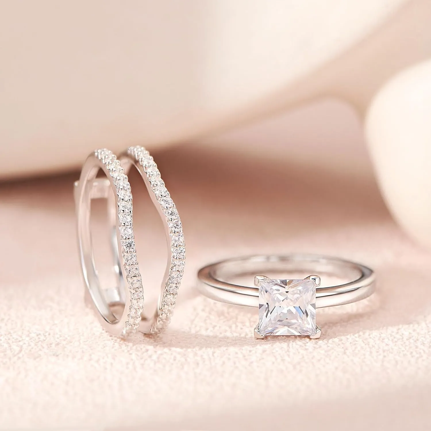 SHELOVES Solitaire Princess CZ Engagement Rings Set Wedding Band Guard Ring Enhancers Sterling Silver 5-12