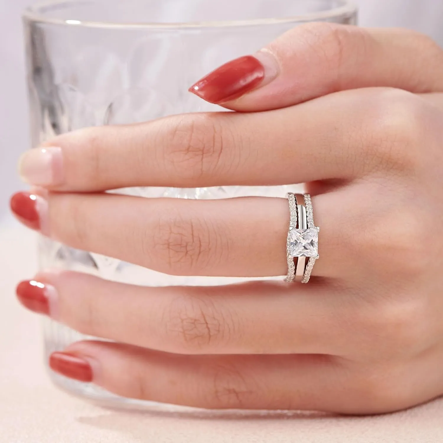 SHELOVES Solitaire Princess CZ Engagement Rings Set Wedding Band Guard Ring Enhancers Sterling Silver 5-12
