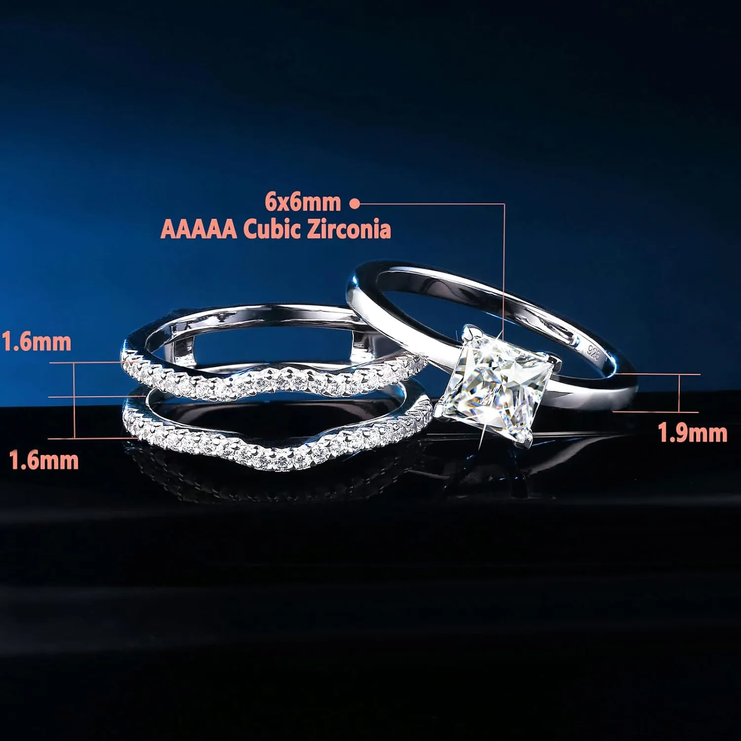 SHELOVES Solitaire Princess CZ Engagement Rings Set Wedding Band Guard Ring Enhancers Sterling Silver 5-12