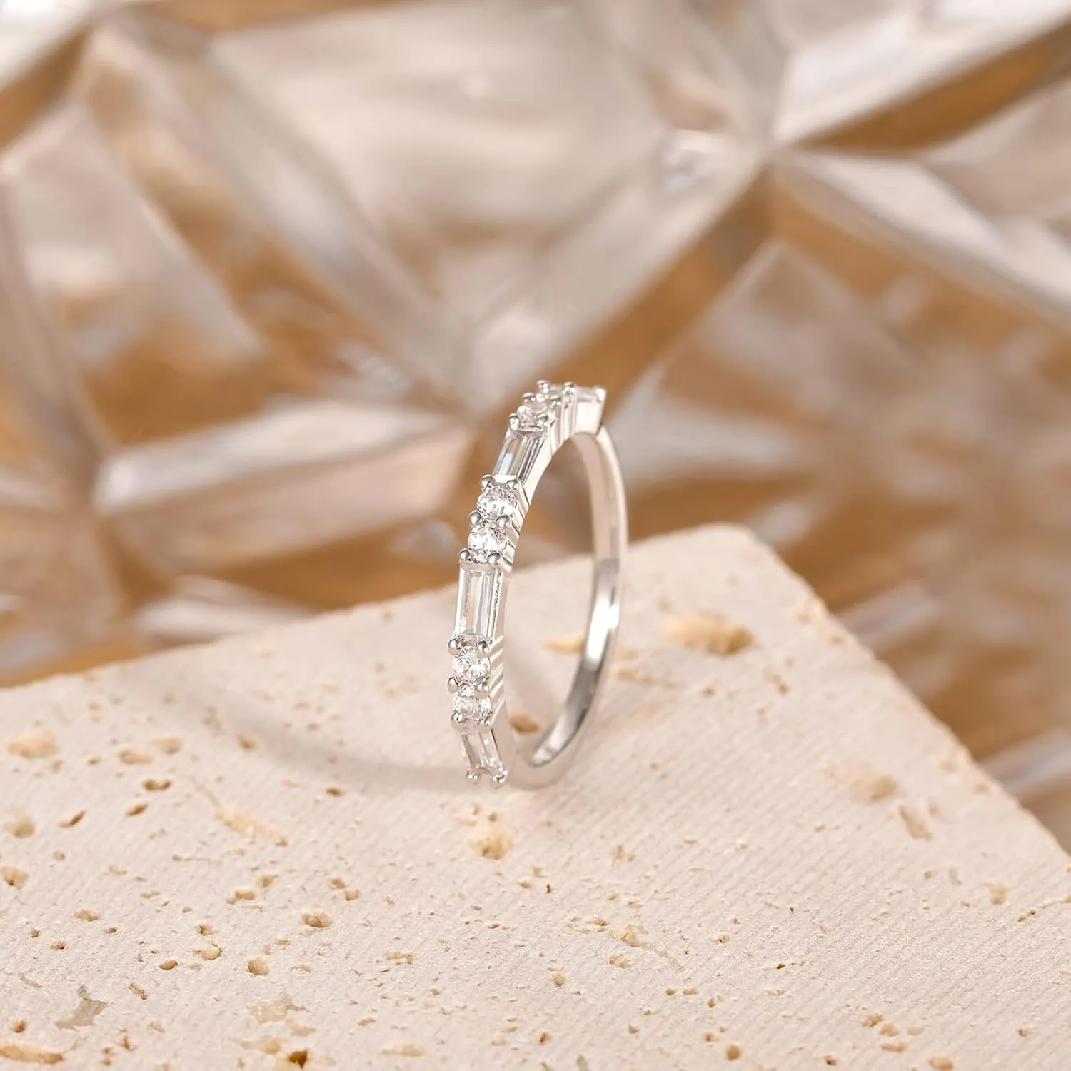 SHINYSO Wedding Band for Women Cubic Zirconia Ring Baguette Round Thin Stackable Rings Eternity Band for Her Gold/Silver/Rose Gold Size 4-10