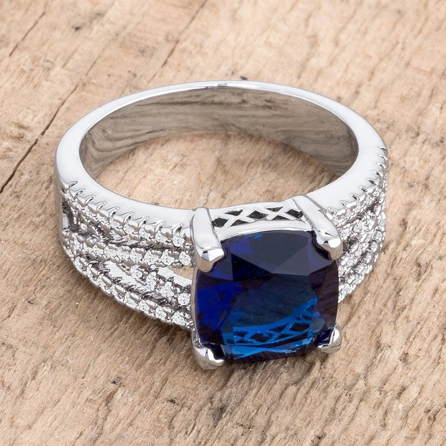 WildKlass 3ct Elegant Silvertone Criss-Cross Sapphire Blue CZ Engagement Ring