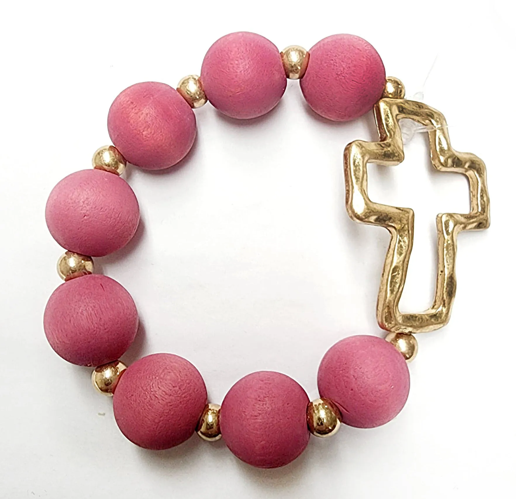 Wood Beaded Gold Bracelet with Charm