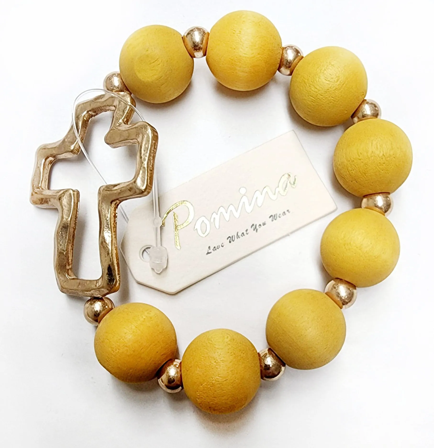 Wood Beaded Gold Bracelet with Charm