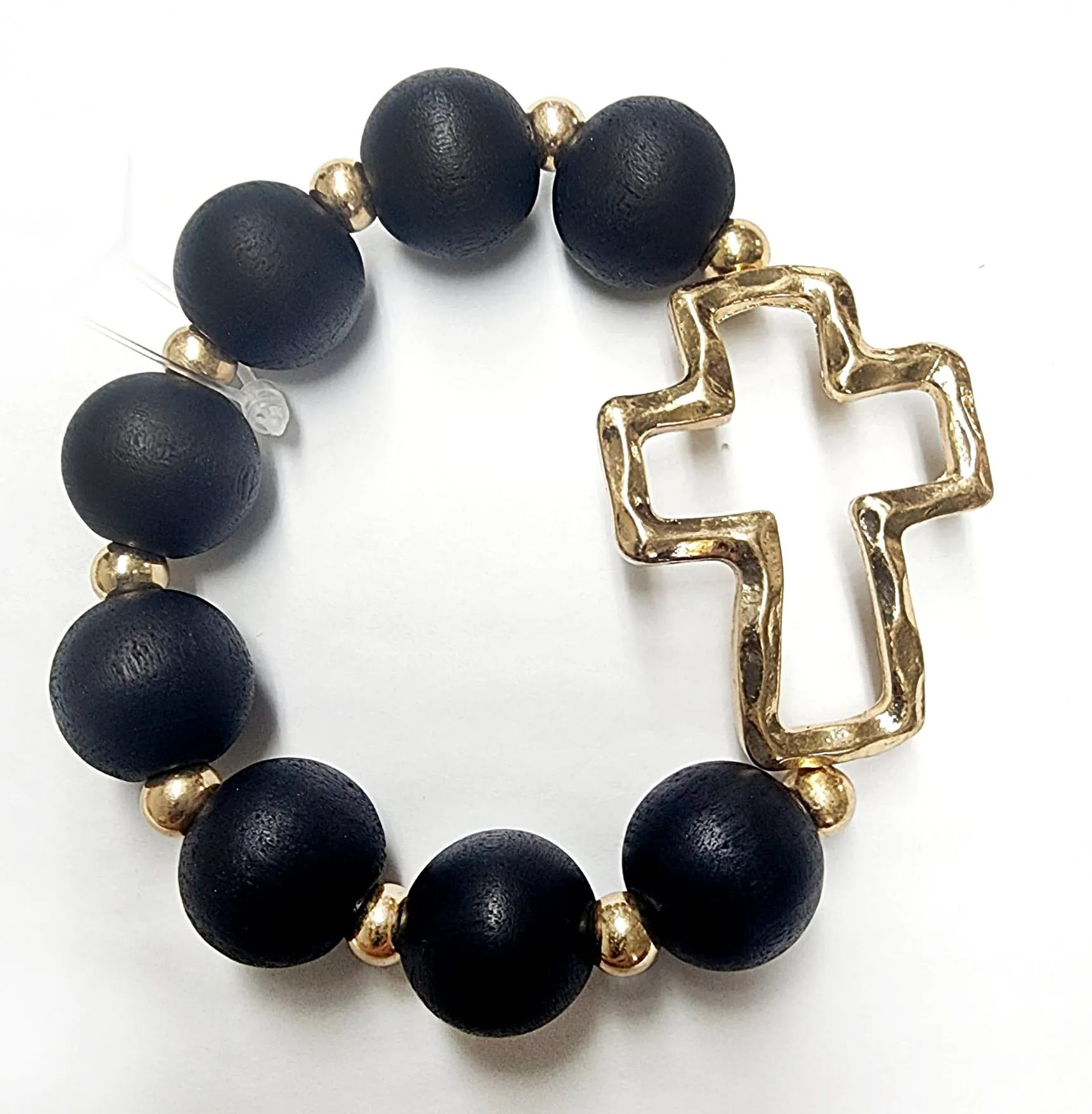 Wood Beaded Gold Bracelet with Charm