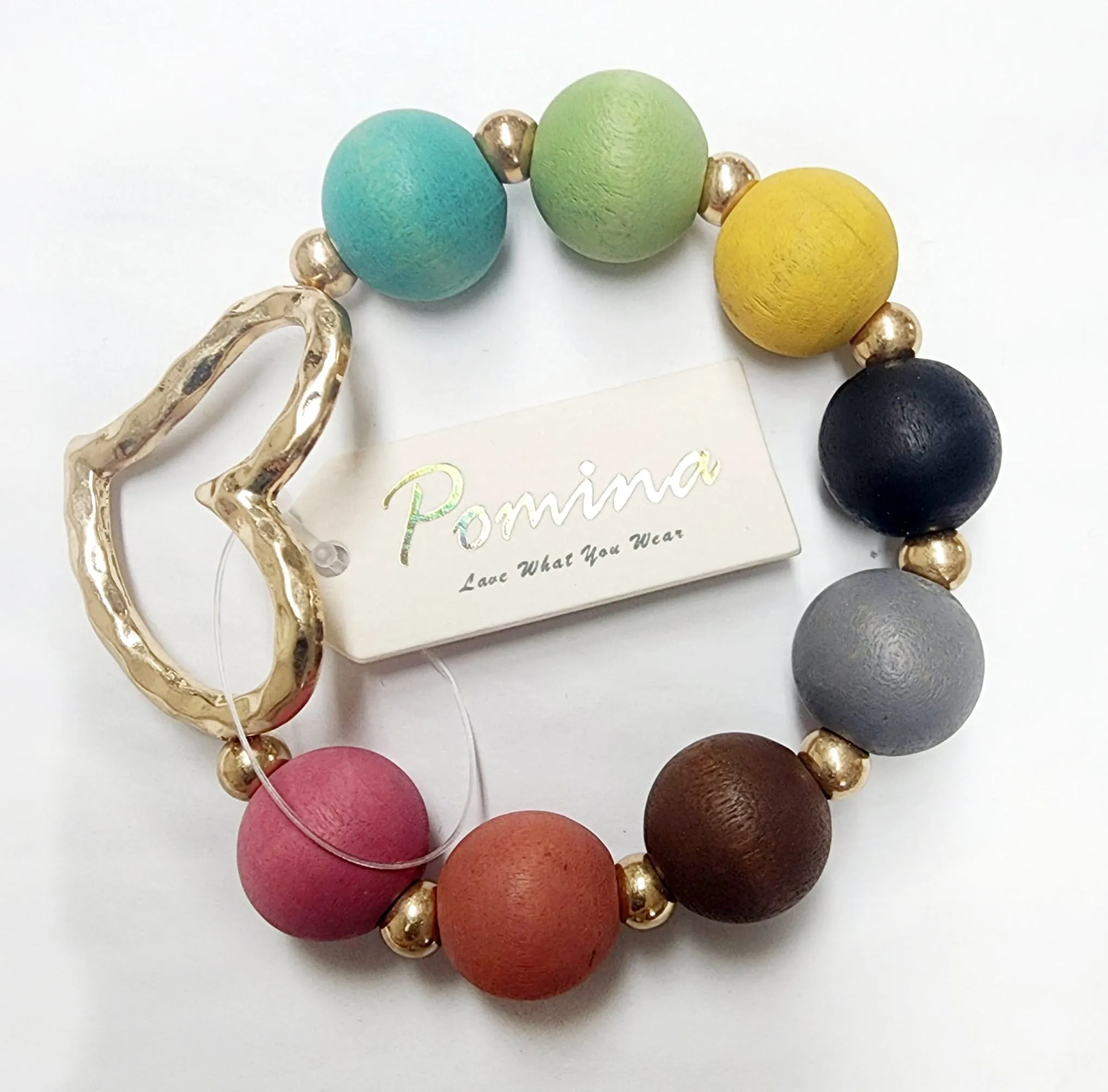 Wood Beaded Gold Bracelet with Charm