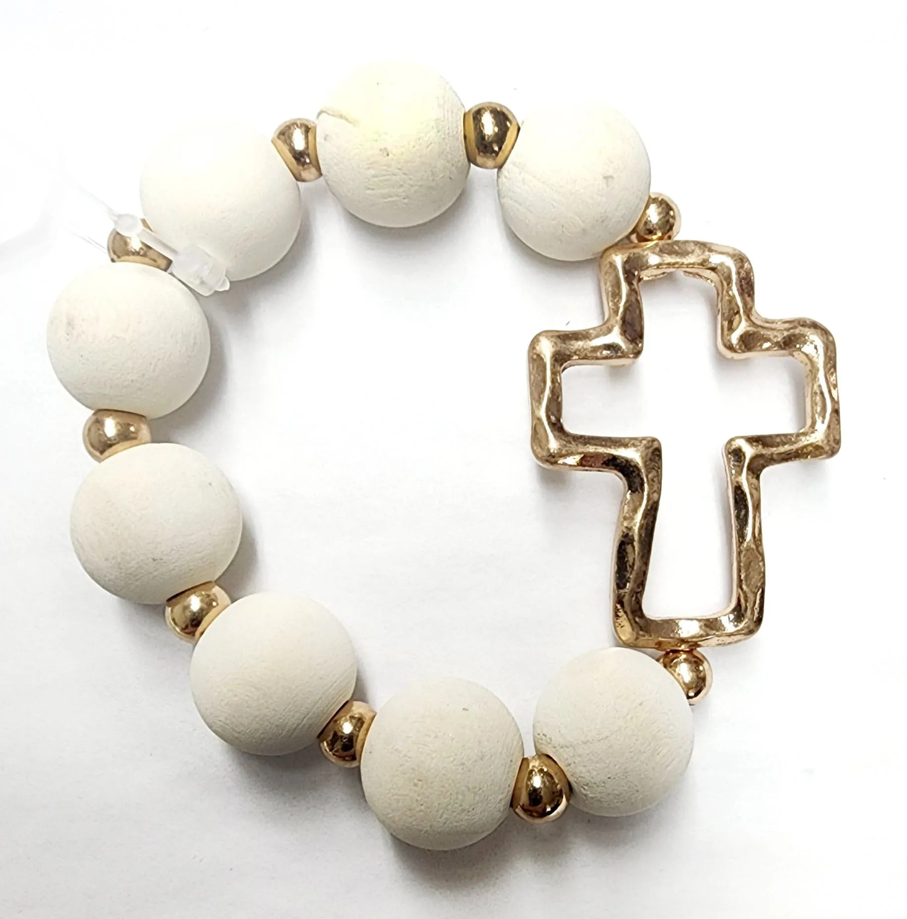 Wood Beaded Gold Bracelet with Charm