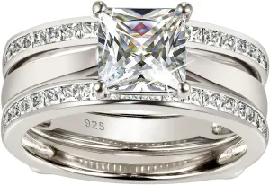 Wuziwen Princess Bridal Ring Set for Women Wedding Band Guard Enhancers CZ Sterling Silver Size 4-13