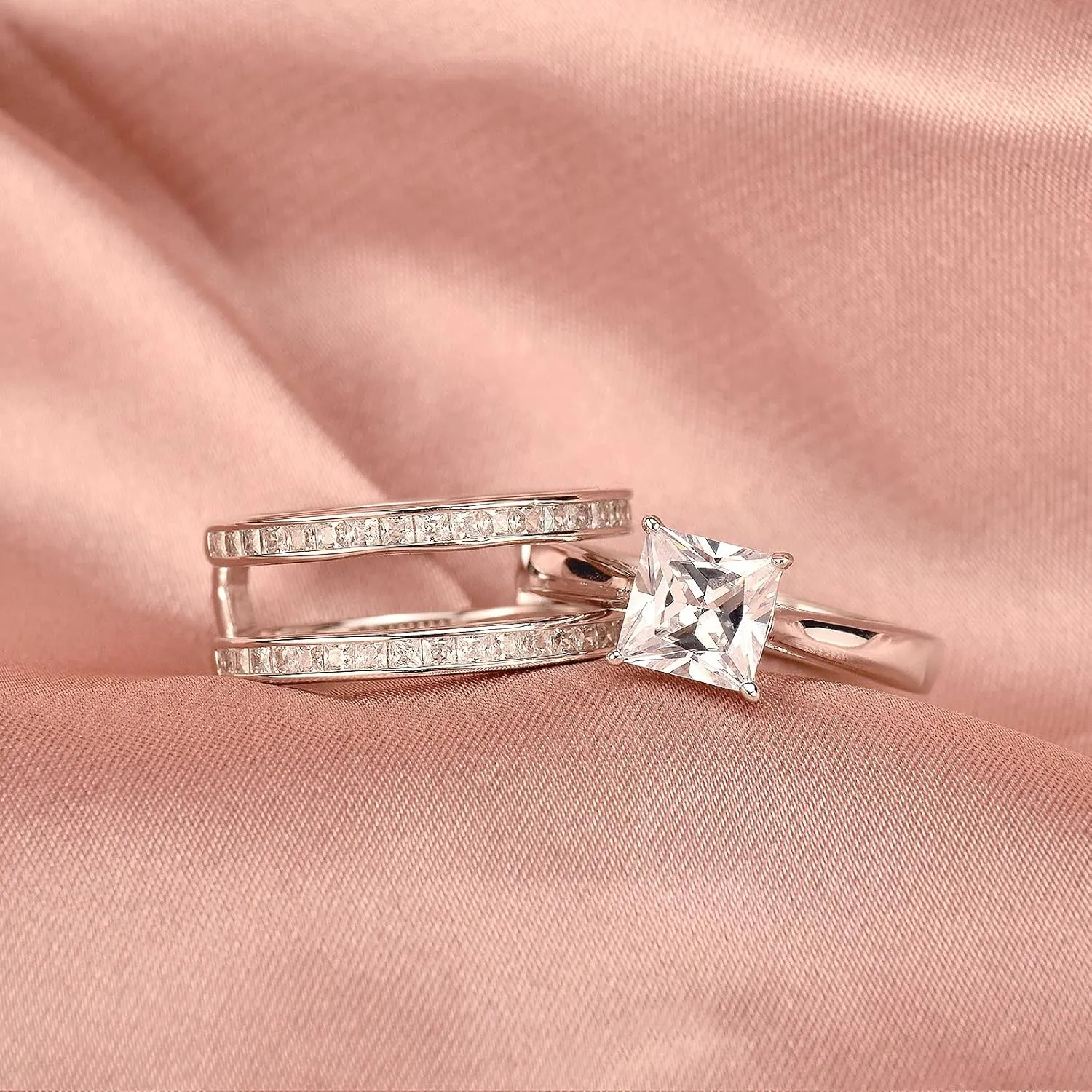 Wuziwen Princess Bridal Ring Set for Women Wedding Band Guard Enhancers CZ Sterling Silver Size 4-13