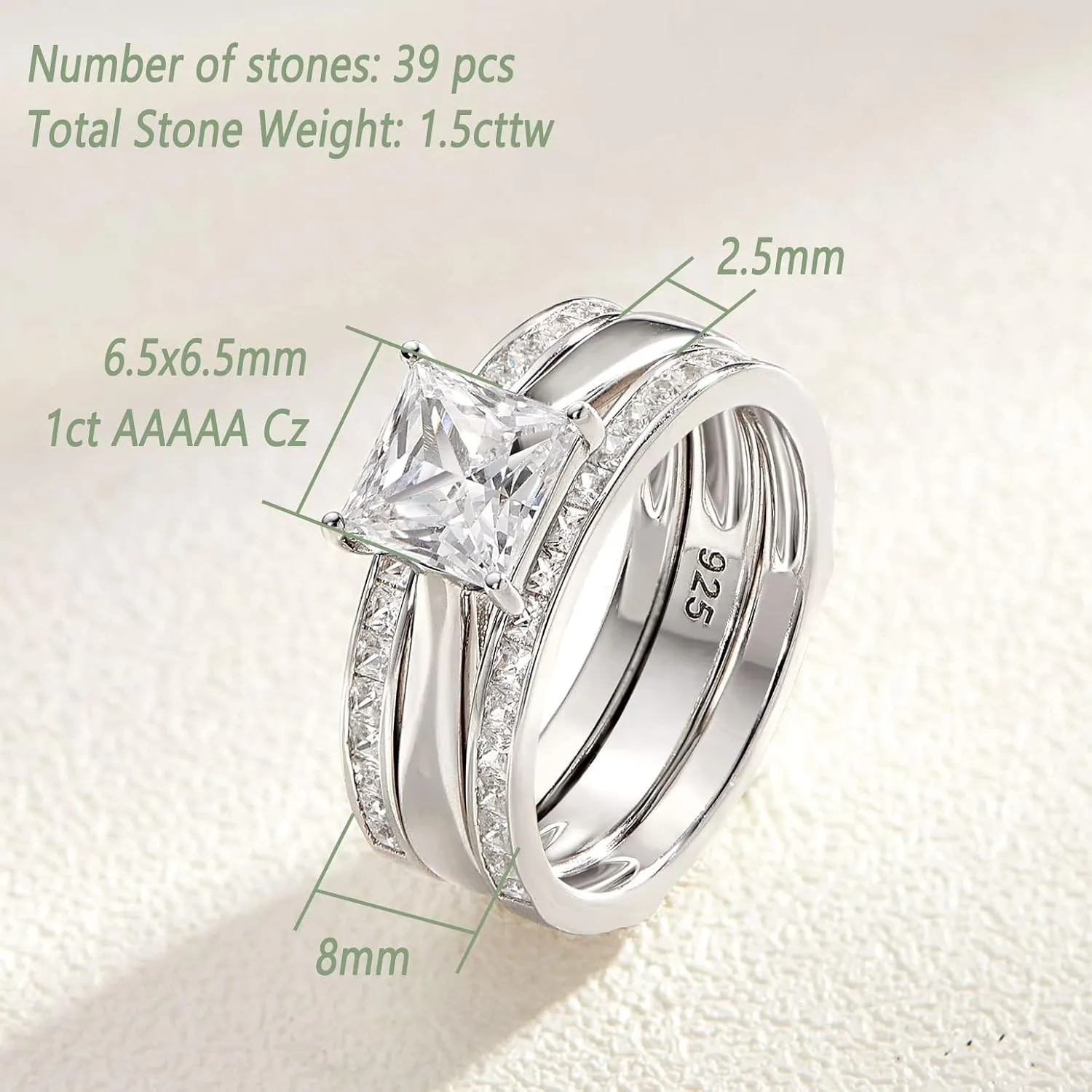 Wuziwen Princess Bridal Ring Set for Women Wedding Band Guard Enhancers CZ Sterling Silver Size 4-13