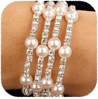 YERTTER Wedding Silver Multi Row Pearl Rhinestone Layered Adjustable Stretch Wrap Cuff Bridals Crystal Stunning Bracelet Strand Bracelet Gift for Women Brides